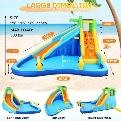 Miniatura 3 de Whubefy Toboganes acuáticos inflables para niños con soplador de 450 W, parque acuático inflable 6 en 1, tobogán acuático de 158 x 138 x 89 pulgadas