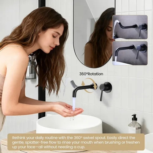 Miniatura 3 de Grifo de lavabo de baño, grifo de baño montado en la pared, color negro mate, grifo mezclador giratorio con válvula
