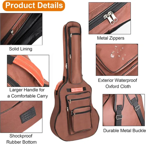 Miniatura 3 de Bekith Bolsa de guitarra acústica de 40, 41, 42 pulgadas, 6 bolsillos, funda de guitarra impermeable, tela Oxford, almohadilla de esponja gruesa