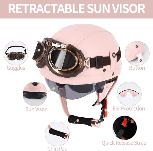 Miniatura 4 de Casco de motocicleta rosa, medio casco de cuero estilo alemán, casco de motocicleta para mujer con certificación DOT, casco de media cara con gafas