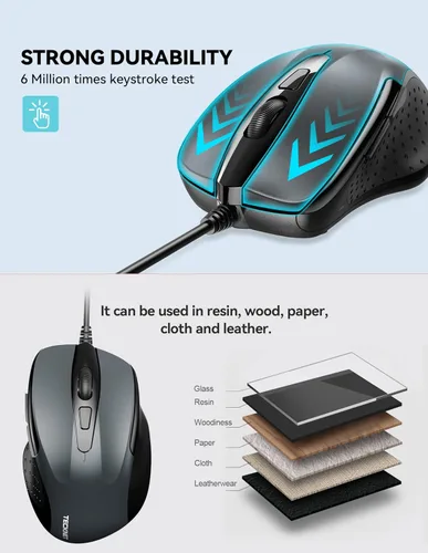 Miniatura 7 de Mouse óptico ergonómico USB alámbrico TeckNet Pro S2 para laptop, 6 botones, 2000DPI Gris
