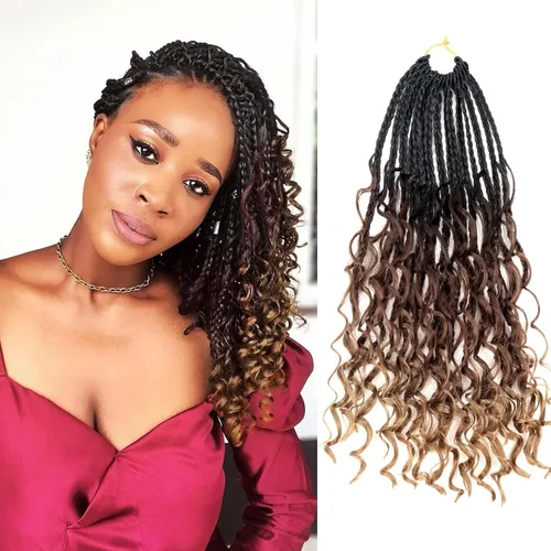 Miniatura 26 de Goddess Box Braids - Trenzas de cabello a ganchillo con extremos rizados, trenzas de caja bohemianas de 16 pulgadas, trenzas de ganchillo, 8 1B-4-30