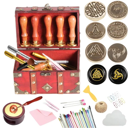 Miniatura 9 de Juego de 6 piezas de sello de cera de madera con cabeza de latón extraíble + 2 asas de madera + caja de cofre del tesoro de madera y cuero