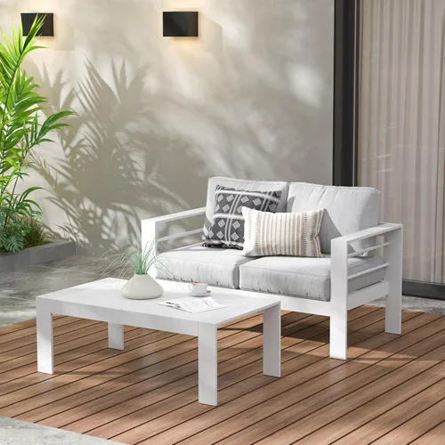 Miniatura 3 de Mesa de café al aire libre de aluminio Wisteria Lane, mesa lateral de patio de metal resistente al agua con parte superior con listones, mesas