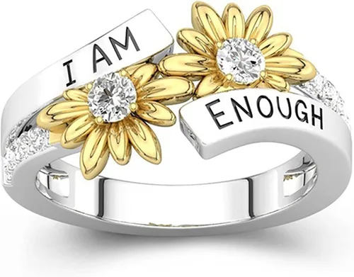 Miniatura 3 de Generic Juego de anillos para ti bicolor I Am Enough English con margaritas de diamantes a la moda multicolor anillos para mujer regalos para mujer