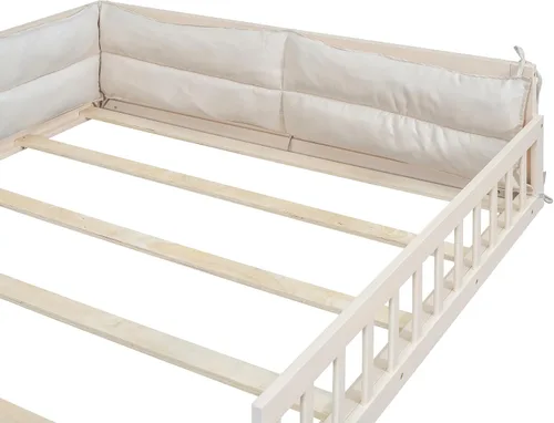Miniatura 9 de Cama de plataforma de tamaño matrimonial con valla, plataforma tapizada de madera con barandilla y almohada, color beige
