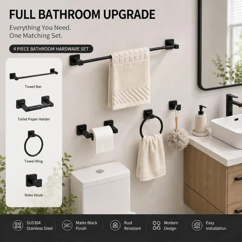Miniatura 2 de Juego de accesorios de baño de 4 piezas de hardware de baño en negro mate, juego de accesorios de baño de acero inoxidable montado en la pared
