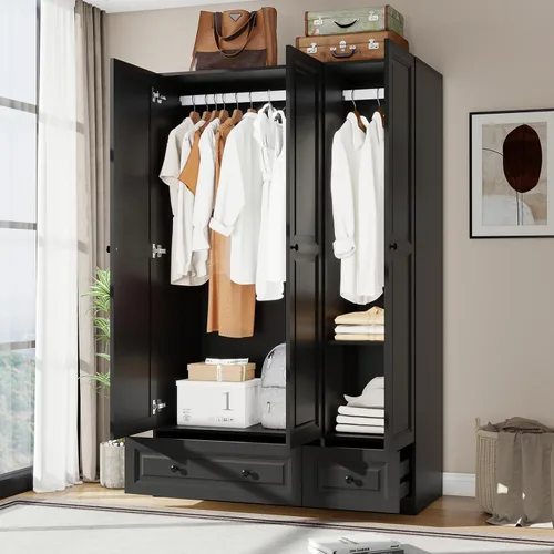 Miniatura 3 de Armario Armario con cajones: Armario de madera alto negro de 74 pulgadas para colgar ropa, Armarios grandes para dormitorio con 2 cajones, armario