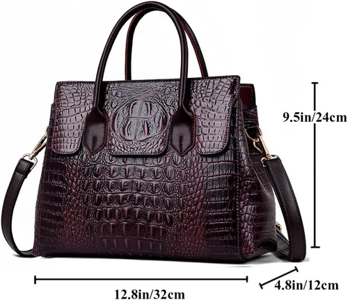 Miniatura 3 de Bolso de mano con asa superior para mujer, bolso de hombro con estampado de cocodrilo en relieve de cuero fuax, púrpura-rojo, grande