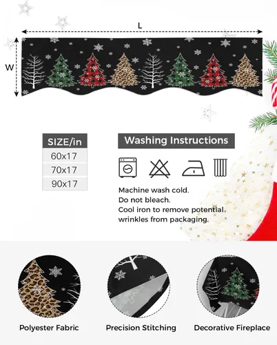 Miniatura 4 de Bufanda de manto de 90 x 17 pulgadas, diseño de rejilla de búfalo negro de Navidad, árbol de Navidad, chimenea, mantel, cubierta de mantel