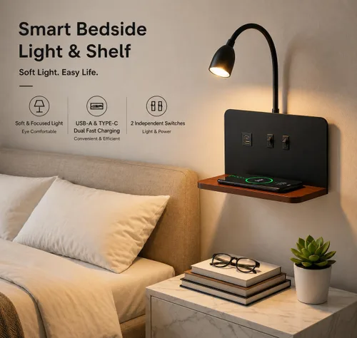 Miniatura 2 de Apliques de pared de mesita de noche con estación de carga inalámbrica y carga USB, lámpara de lectura LED con 3 temperaturas de color ajustables