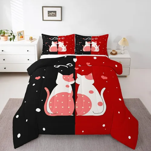 Miniatura 25 de Juego de edredón de San Valentín para parejas, juegos de ropa de cama rojo y blanco para niños, niñas, adolescentes, con texto en inglés "I Love