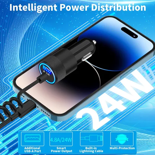 Miniatura 3 de Certificado MFi: cargador de coche para iPhone de carga rápida, cargador USB Caiinei 4.8A cargador de coche de carga rápida adaptador de encendedor