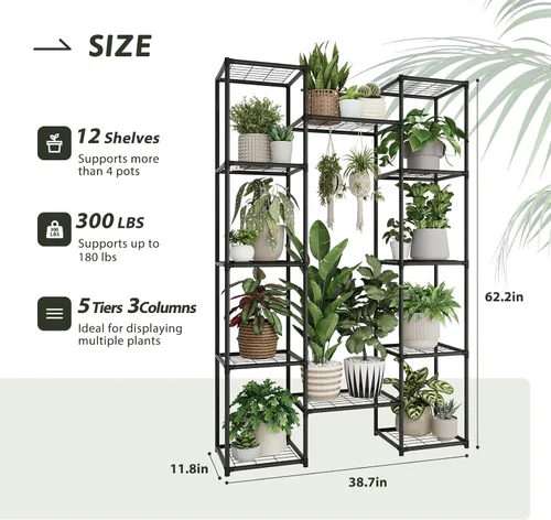 Miniatura 3 de GENTINGBRO - Soporte de metal para plantas al aire libre de 62.2 pulgadas de alto, estante para plantas, 12 macetas, interior, sala de estar