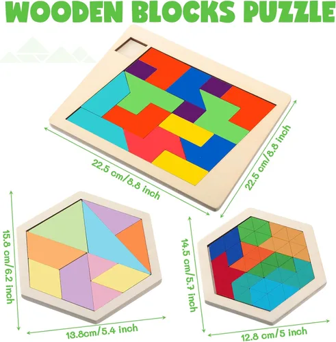 Miniatura 2 de Yunsailing Paquete de 3 rompecabezas grandes de madera hexagonal Tangram rompecabezas de madera rusa para adultos desafío teasers geométrico, lógica