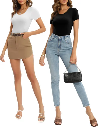 Miniatura 5 de MANGOPOP Women's Double Layered Short Sleeve Long Sleeve Bodysuit Basic T Shirts Tops