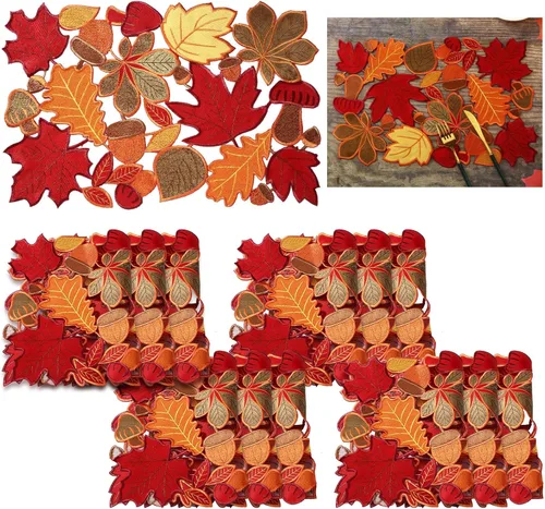 Ganeen 12 Pzs Manteles Individuales Bordados de Acción de Gracias Otoño Autumn Hojas de Arce 11 x 17 Pulgadas Lavables Aplique Mesa de Acción de