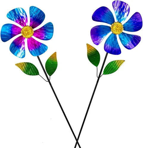 Miniatura 7 de Viveta Paquete de 2 molinos de viento de jardín, molino de viento de metal de flores de 35.4 pulgadas, escultura de viento rosa y azul, molinetes