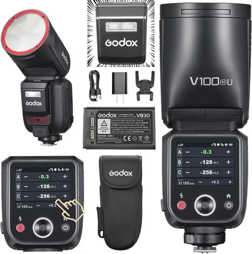 Miniatura 10 de Godox V100S Flash V100-S versión de EE. UU. Flash de pantalla táctil de cabeza redonda, sincronización de flash de obturador global de 100 Ws