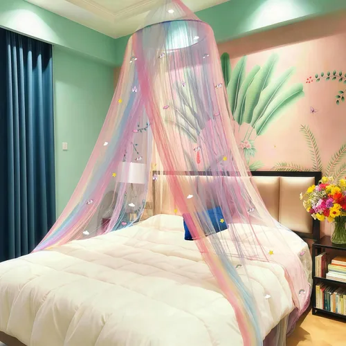 Mosquitera de arco iris, toldo de cama de princesa para decoración de habitación de niñas o fiesta temática de unicornio (arco iris, con castillo de