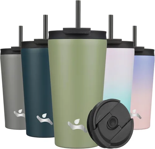 Miniatura 13 de Konokyo Vaso aislado de 18 onzas con tapa y 2 pajillas, botella de agua de acero inoxidable, taza de viaje al vacío, taza de café, color blanco ángel