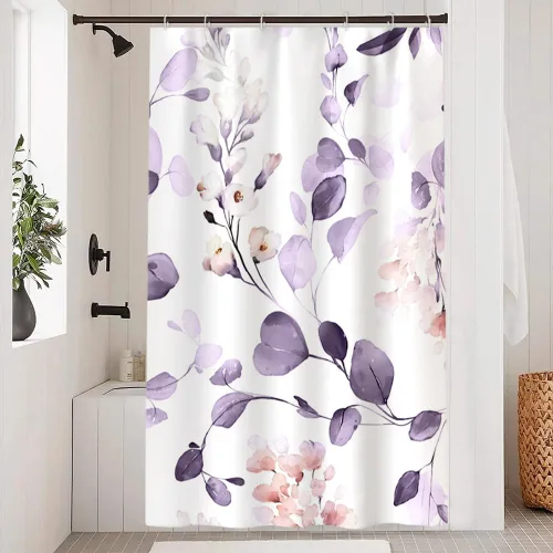Miniatura 25 de Cortina de ducha pequeña de eucalipto azul acuarela, juego de cortinas de ducha pequeñas impermeables con diseño floral de primavera con ganchos, 36