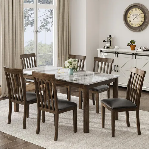 LUXOAK Juego de mesa de comedor de madera maciza de 71 pulgadas, mesa de cocina de mármol sintético con 6 sillas, respaldos curvados y asientos