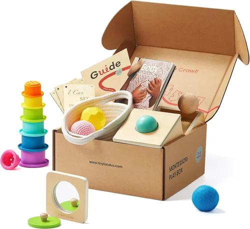 Tiny Land Juego de juguetes Montessori para bebés de 7 a 9 meses Kit de juego sensorial - 5 en 1 Juguetes de aprendizaje de madera con caja de