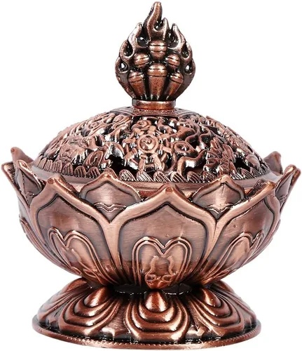 Miniatura 7 de Walfront Soporte de cono de incienso de metal Lotus Bowl Aleación de zinc (rojo-bronce), suministros de adorno de escritorio