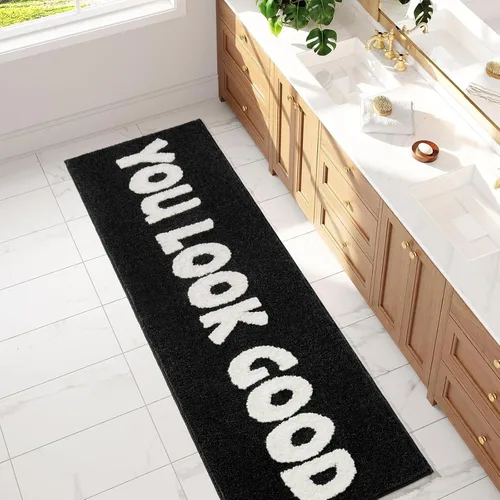 Miniatura 8 de Alfombra de baño con texto en blanco y negro con texto en inglés "You Look Good", divertida y bonita, decoración de baño, pequeña, fresca