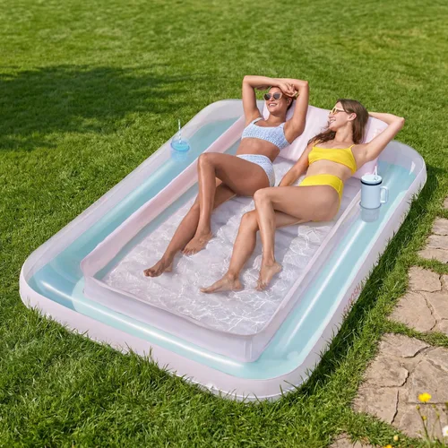Miniatura 17 de SLOOSH Flotador inflable para adultos, con almohada, 216 x 145 cm, 4 en 1: balsa estilo tina bronceadora, camastro para tomar el sol, para fiestas