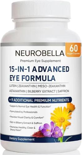 Neurobella Eye Formula, suplemento diario de bienestar ocular 15 en 1 con luteína, zeaxantina, arándano y vitaminas, fórmula de cápsula limpia para