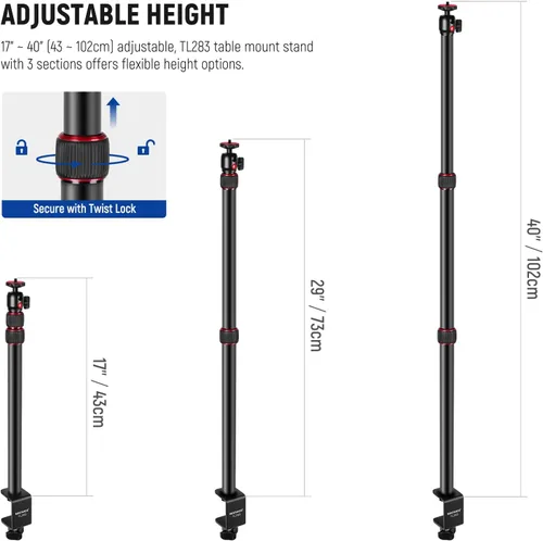 Miniatura 2 de NEEWER Soporte de escritorio extensible para cámara con cabeza de bola, soporte de luz de mesa ajustable de 17"-40" con tornillo de 1/4