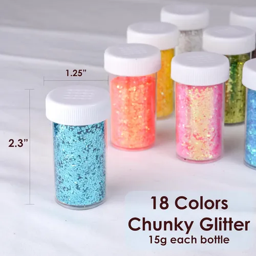 Miniatura 5 de Brillantina gruesa, 18 frascos de colores surtidos para manualidades, cuerpo, maquillaje y purpurina para uñas.