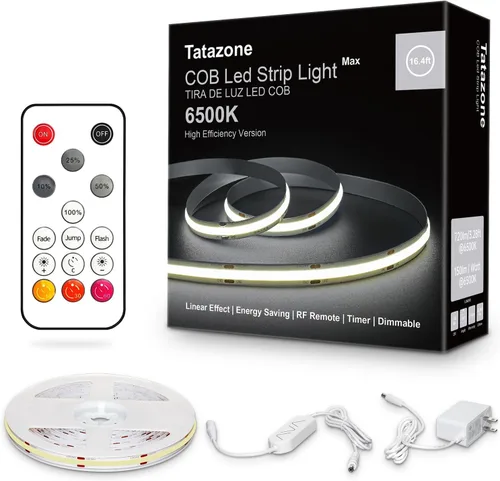 Miniatura 14 de Tatazone Tira de luces LED COB blancas Max con control remoto RF, 16.4 pies 2700K CRI93+ regulable, tira de luz COB blanca cálida ultra brillante