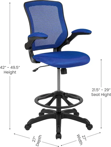 Miniatura 3 de Flash Furniture Kale Silla de dibujo ergonómica de malla azul con respaldo medio Anillo de pie ajustable, brazos abatibles