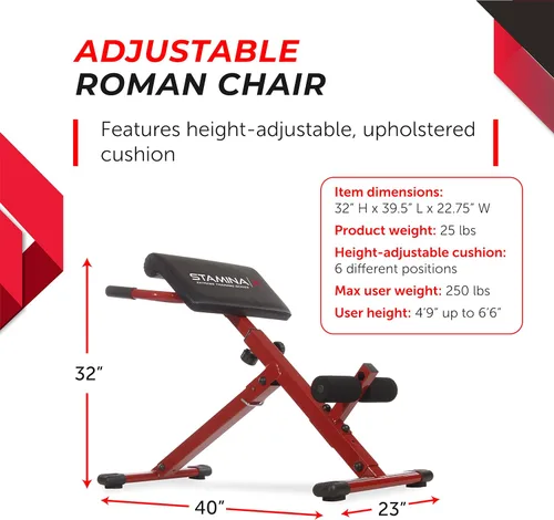 Miniatura 5 de Stamina X Banco de peso ajustable para ejercicios de abdominales, espalda y núcleo, banco de hiperextensión para sentadillas y fitness para Rojo