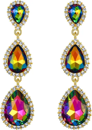 Miniatura 47 de EleQueen Pendientes de cristal austriaco en tono dorado para mujer, forma de pera de 2.5 pulgadas, color esmeralda