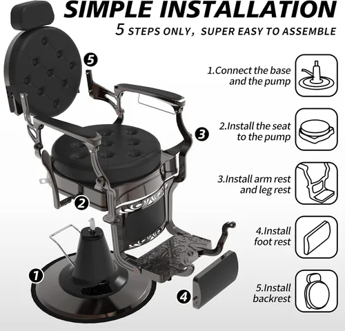 Miniatura 6 de OmySalon Silla de peluquería vintage multiusos, resistente, hidráulica reclinable, silla de belleza estilo retro, giratoria de 360 grados para Negro
