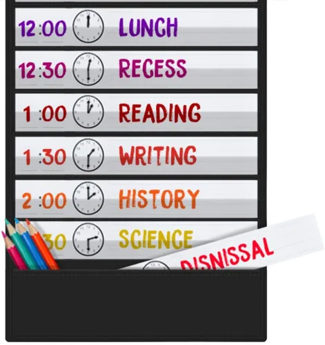 Miniatura 5 de Tabla de bolsillo de horario diario, 13+1 tabla de bolsillo de programación con 18 tarjetas de borrador en seco, gráficos educativos para aula
