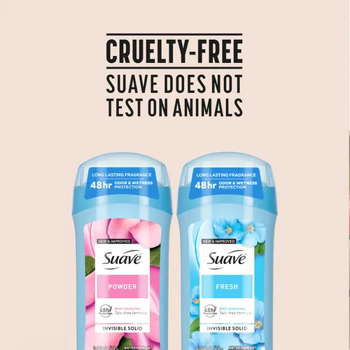 Miniatura 8 de Suave Desodorante antitranspirante para mujer, variedad fresca y en polvo, paquete de 2 unidades, barras sólidas invisibles antimanchas, sin talco