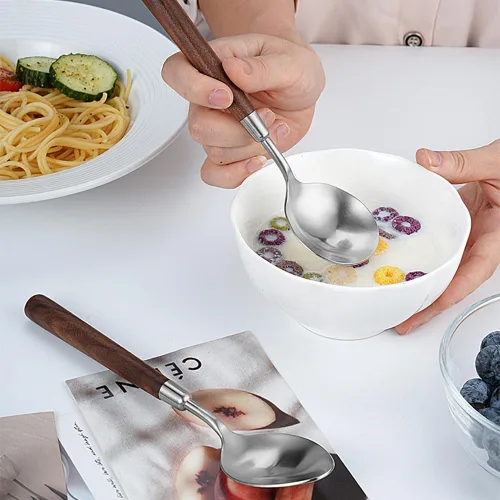 Miniatura 4 de Juego de cubiertos para 4, 16 piezas de cubiertos de acero inoxidable con mango de madera, incluye cuchillo para carne, tenedor y cuchara, juego