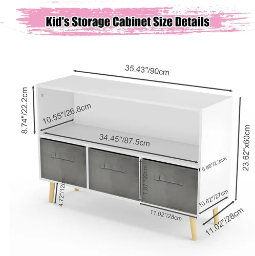 Miniatura 3 de Estantería para niños, organizador de almacenamiento de juguetes, estantería para niños con 3 cajones de tela plegables y patas de madera