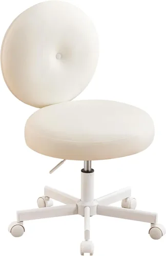 Miniatura 9 de Furniliving Silla de escritorio redonda sin brazos, pequeña silla tapizada de terciopelo con ruedas, silla de tarea ajustable giratoria con ruedas
