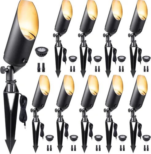 Miniatura 30 de Gardenreet Focos de paisaje de latón de bajo voltaje, luz LED para exteriores de 12 V, luces con cable IP65 impermeables, bronce antiguo