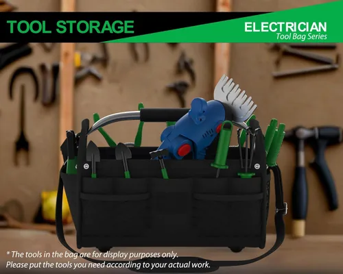 Miniatura 2 de Bolsa de herramientas de 16 pulgadas, bolsa de mano con parte superior abierta y correa, bolsa de herramientas impermeable para electricista, Negro