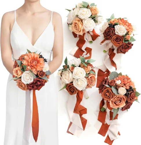 Miniatura 20 de Ling's moment Flores Artificiales Ramo de Damas de Honor Naranja Quemado Juego de 4, Ramos de Flores de Boda para Damas de Honor, Ramos Nupciales