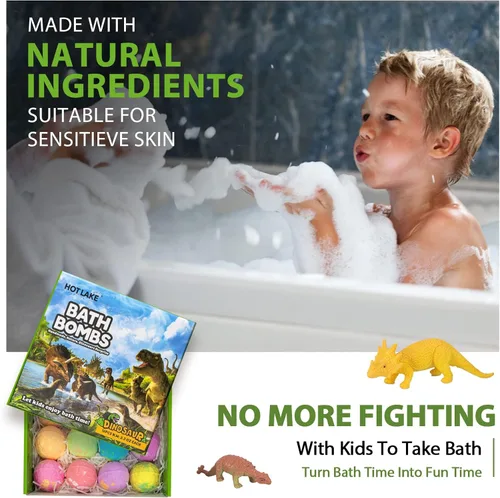 Miniatura 5 de Juego de 16 bombas de baño de dinosaurio, paquete de 16 bombas de baño orgánicas para niños con juguetes sorpresa en el interior. Kit de bombas