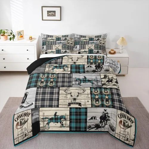 Miniatura 20 de Juego de edredón de vaquero, tamaño King, juego de ropa de cama de herradura con estrellas del oeste de Texas para adultos, hombres y niños, ropa