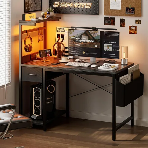 Miniatura 2 de Grandder - Escritorio de juegos de 40 pulgadas con toma de corriente y luz LED, escritorio para computadora con estantes reversibles y cajón
